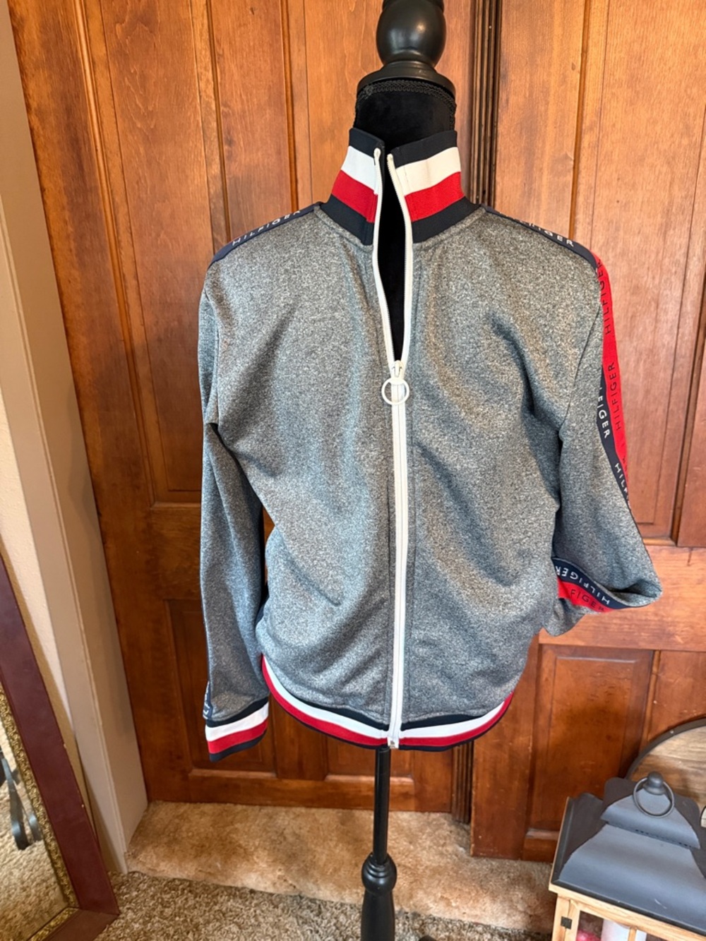 Tommy Hilfiger Navy Jacket with Gray Interior and Red-Accent Logo